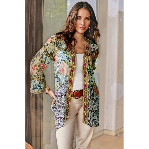 Soft Surroundings Women's Med. Open Cardigan Multi-color Floral Boho Semi-Sheer - Picture 1 of 10